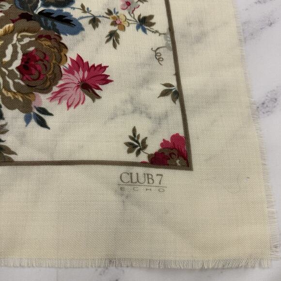 Club 7 Echo Vintage 90s Wool Scarf Cream Pink Floral Square Cottage - Picture 3 of 5